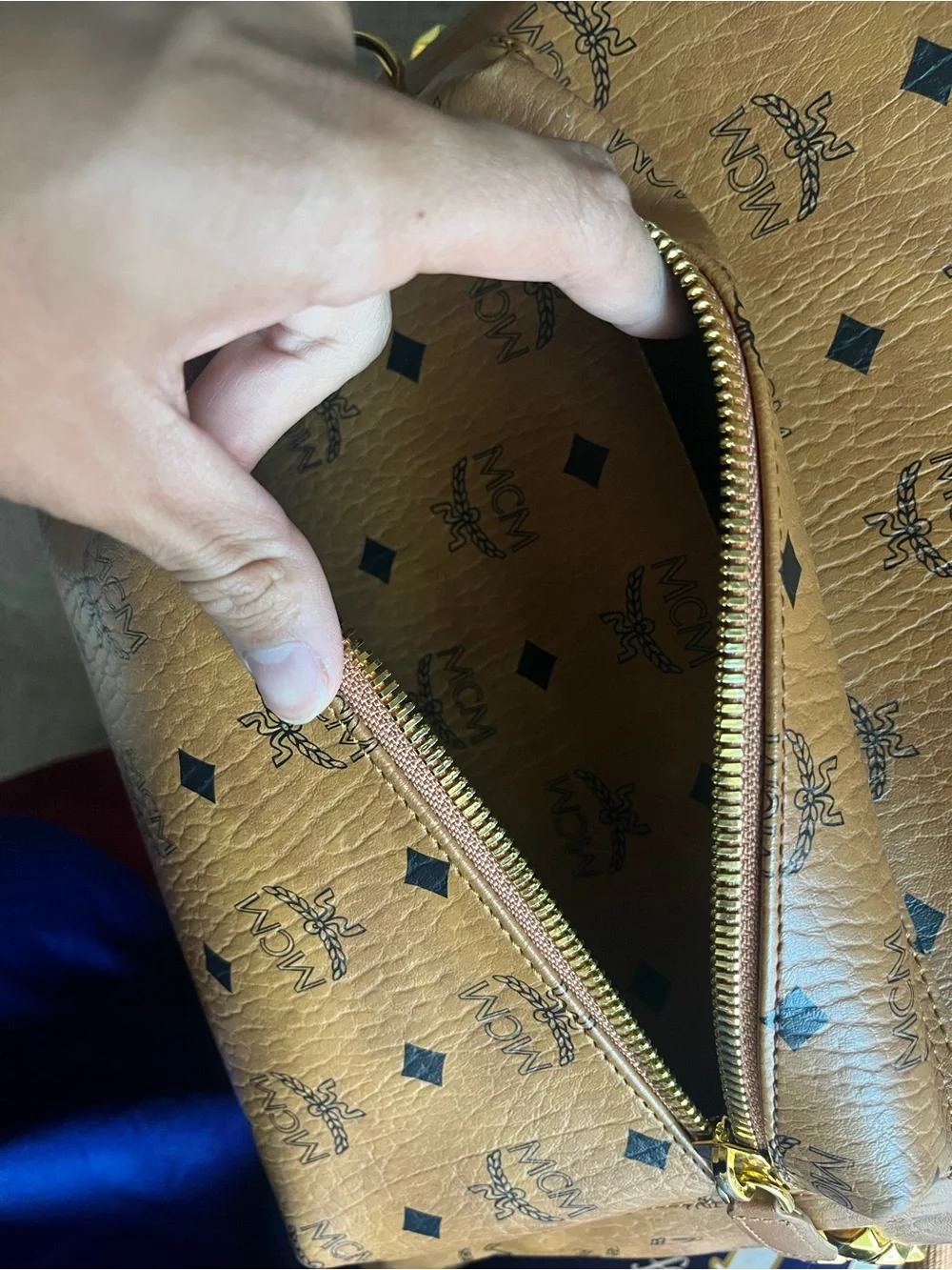 MCM Cognac Logo Visetos Backpack with Gold Hardware